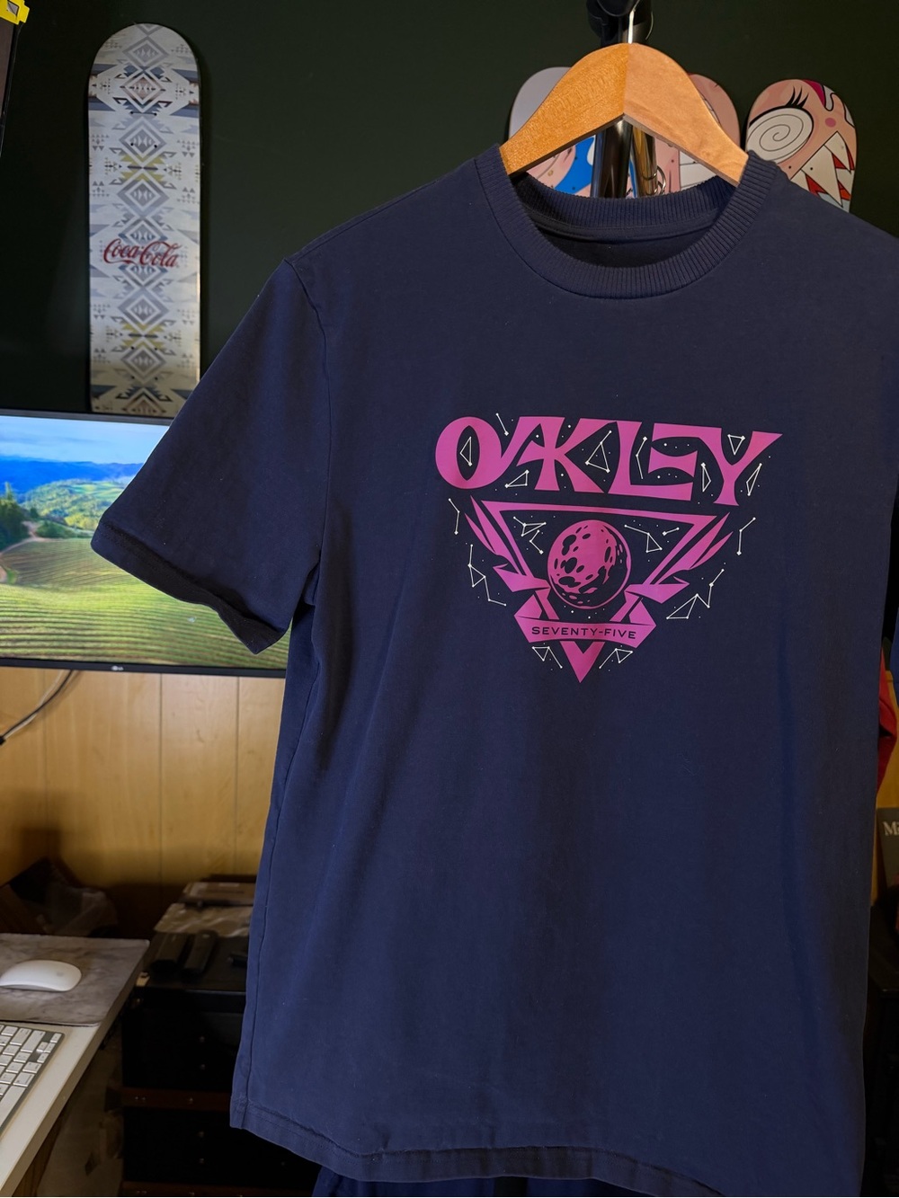 Oakley 75 Space Themed Navy with Pink Graphic Logo Tshirt